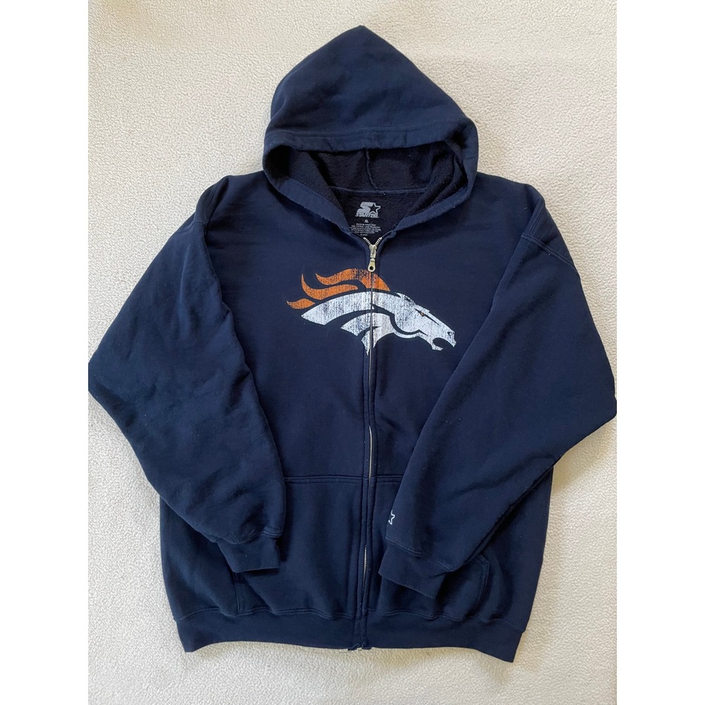Starter Mens Extra Large Zip Hoodie Navy Denver Broncos Distressed Logo Football